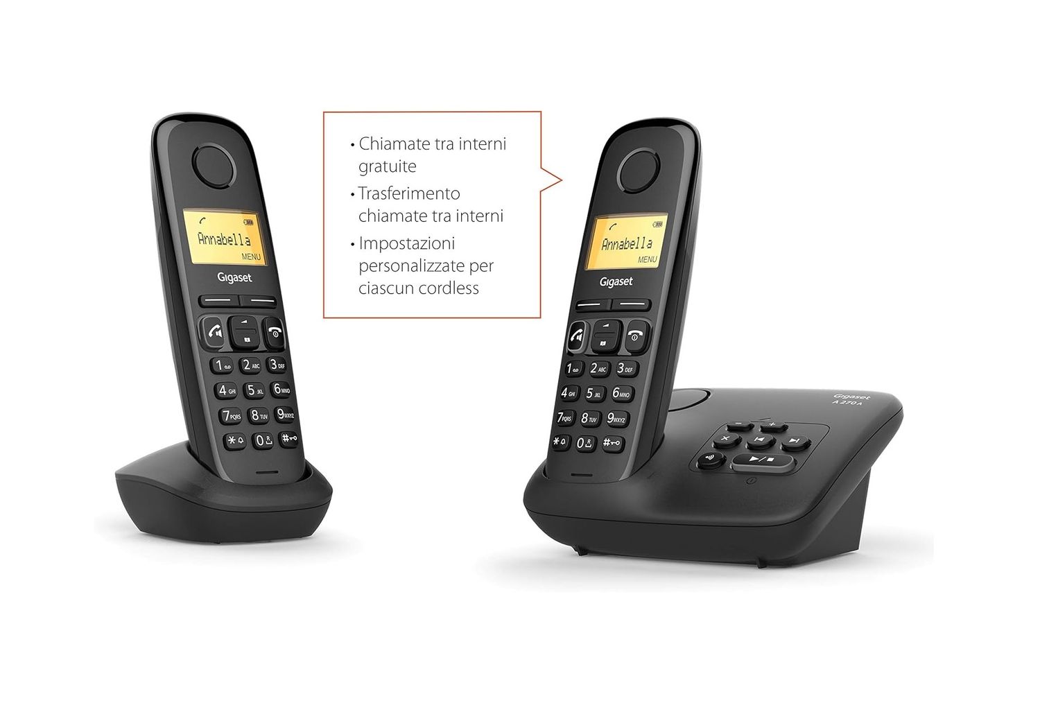 GIGASET A270 DUO, 2 TELEFONI CORDLESS CON SEGRETERIA FINO A 25 MINUTI - VIVAVOCE -  AMPIO DISPLAY ILLUMINATO - IDEALE PER CASA E UFFICIO - NERO