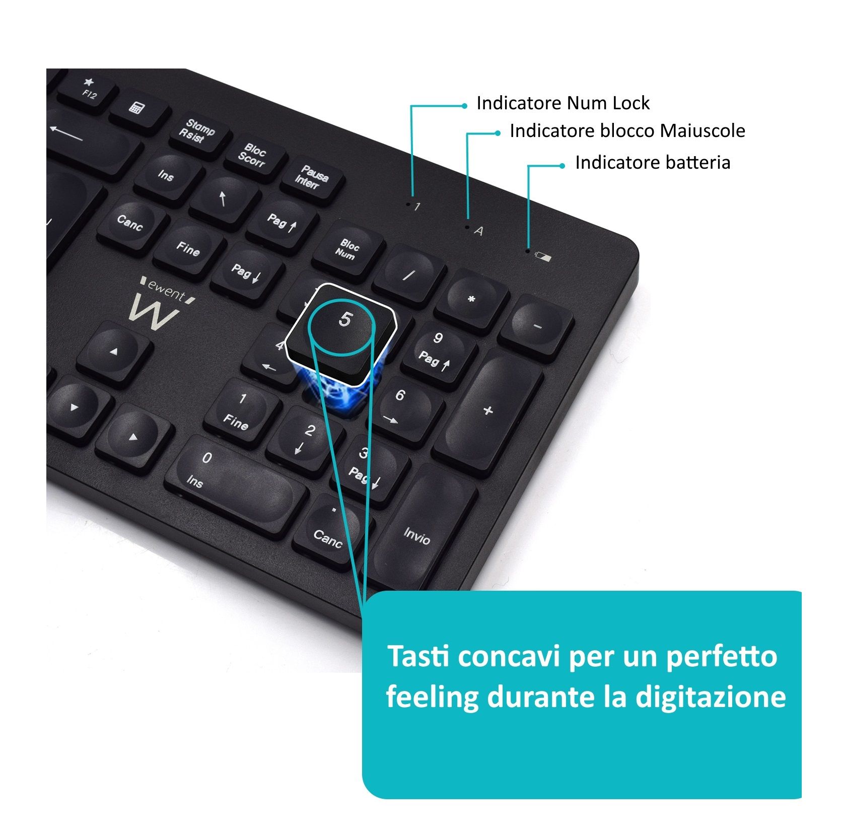 KIT TASTIERA CON TASTI CONCAVI PER MASSIMO CONFORT DI SCRITTURA E MOUSE WIRELESS PER DESTRI E MANCINI - LAYOUT ITALIANO QWERTY
