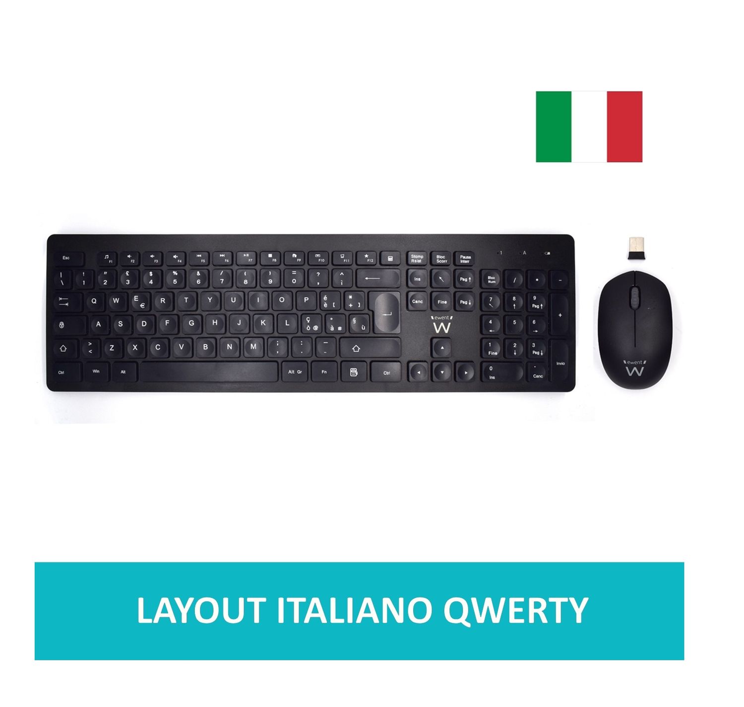 KIT TASTIERA CON TASTI CONCAVI PER MASSIMO CONFORT DI SCRITTURA E MOUSE WIRELESS PER DESTRI E MANCINI - LAYOUT ITALIANO QWERTY