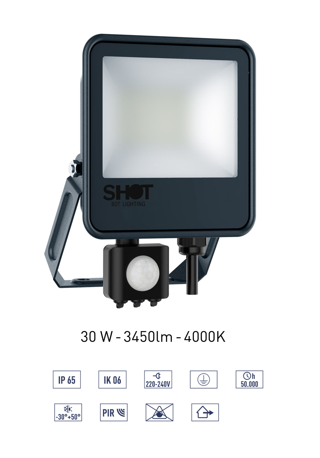 Proiettore 30W 3450 lumen a LED slim con tecnologia Driver On Board (DOB) e Sensore PIR - Alta efficienza - Corpo in alluminio verniciato e diffusore in vetro temperato