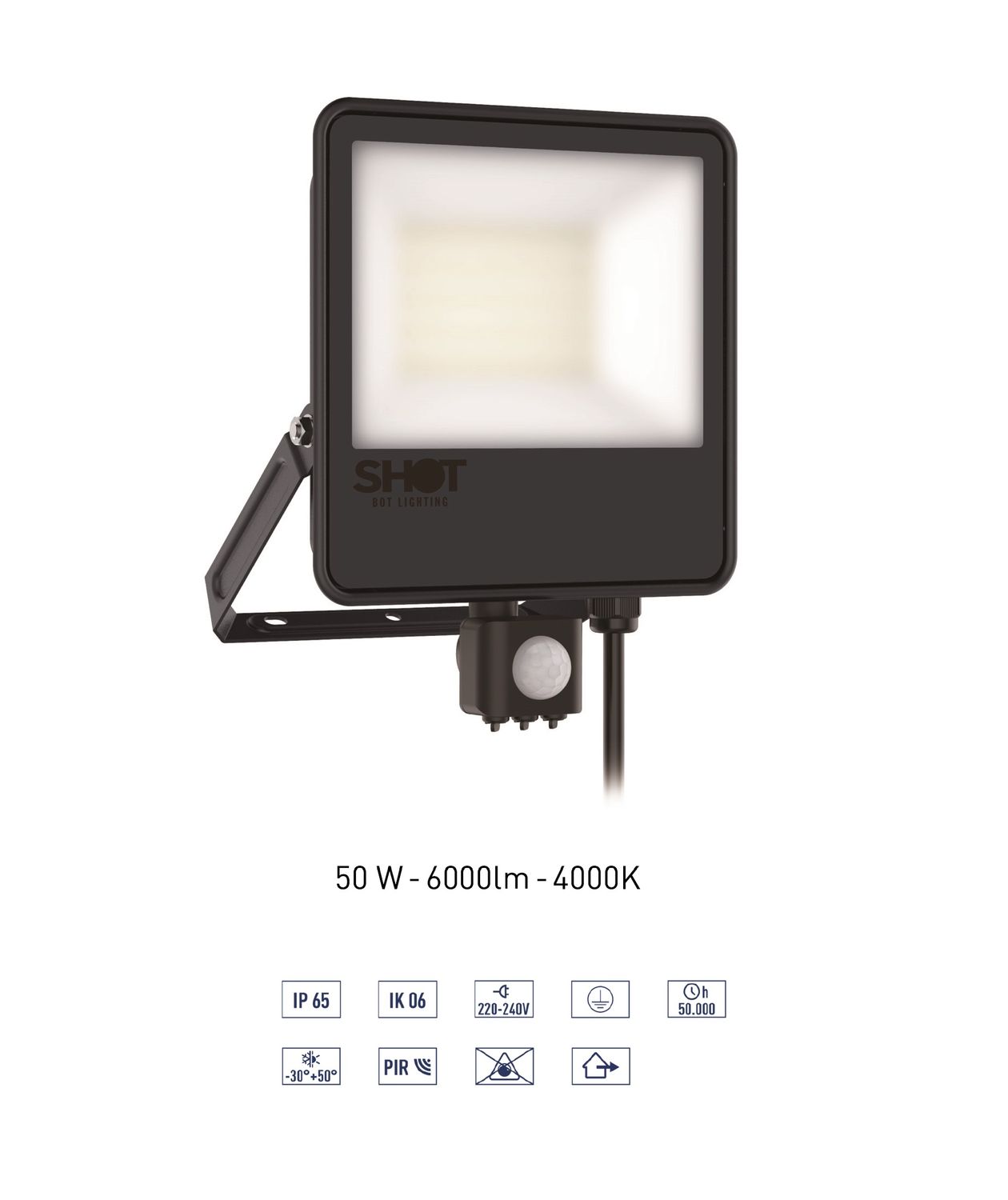 Proiettore 50W 6000 lumen a LED slim con tecnologia Driver On Board (DOB) e Sensore PIR - Alta efficienza - Corpo in alluminio verniciato e diffusore in vetro temperato