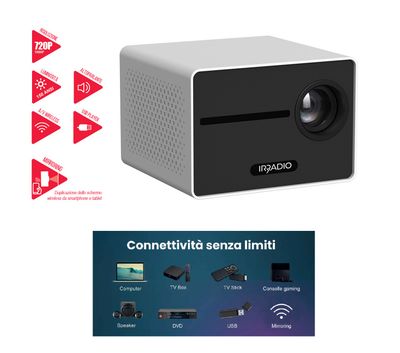 MINIVIDEOPROIETTORE HD LCD - ILLUMINAZIONE A LED - 150ANSI (2500 LUMEN) - GAMING, BUSINESS - SPEAKER INTEGRATI - BLUETOOTH - JACK 3,5MM - FUNZIONE WIFI E MIRRORING PER  SMARTPHONE E TABLET E CUSTODIA