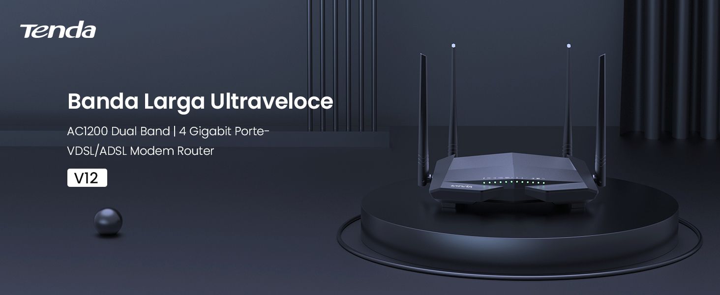 MODEM ROUTER  VDSL/ADSL Tenda V12 AC1200 Dual Band Wi-Fi, 4 Porte Gigabit, tecnologie Beamforming e MU-MIMO, VPN/IPTV/IPv6/WPS