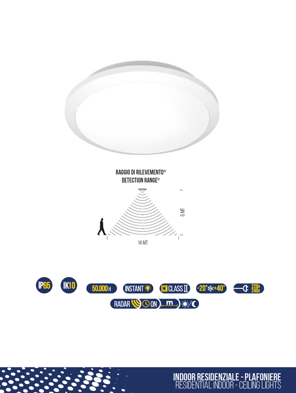 PLAFONIERA LED CON RILEVATORE RADAR DI PASSAGGIO A MICROONDE 16W 1700 LUMEN IN POLICARBONATO IP65 AD ALTA RESISTENZA LUCE BIANCA 4000K TONDA PLAFONIERA LED CON RILEVATORE RADAR DI PASSAGGIO A MICROONDE 16W 1700 LUMEN IN POLICARBONATO IP65 AD ALTA RESISTENZA LUCE BIANCA 4000K TONDA
