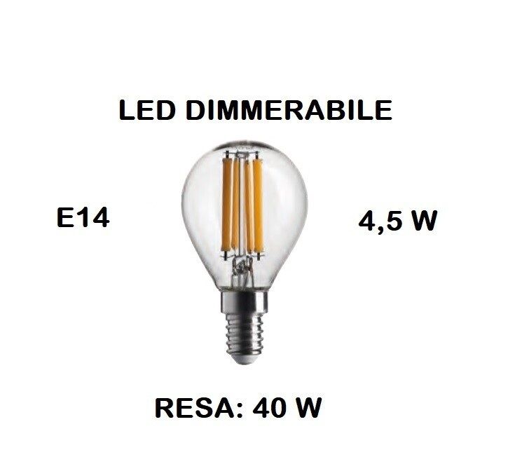 LAMPADINA LED E14 SFERA TRASPARENTE DIMMERABILE 4,5W DI CONSUMO RESA 40W LUCE CALDA