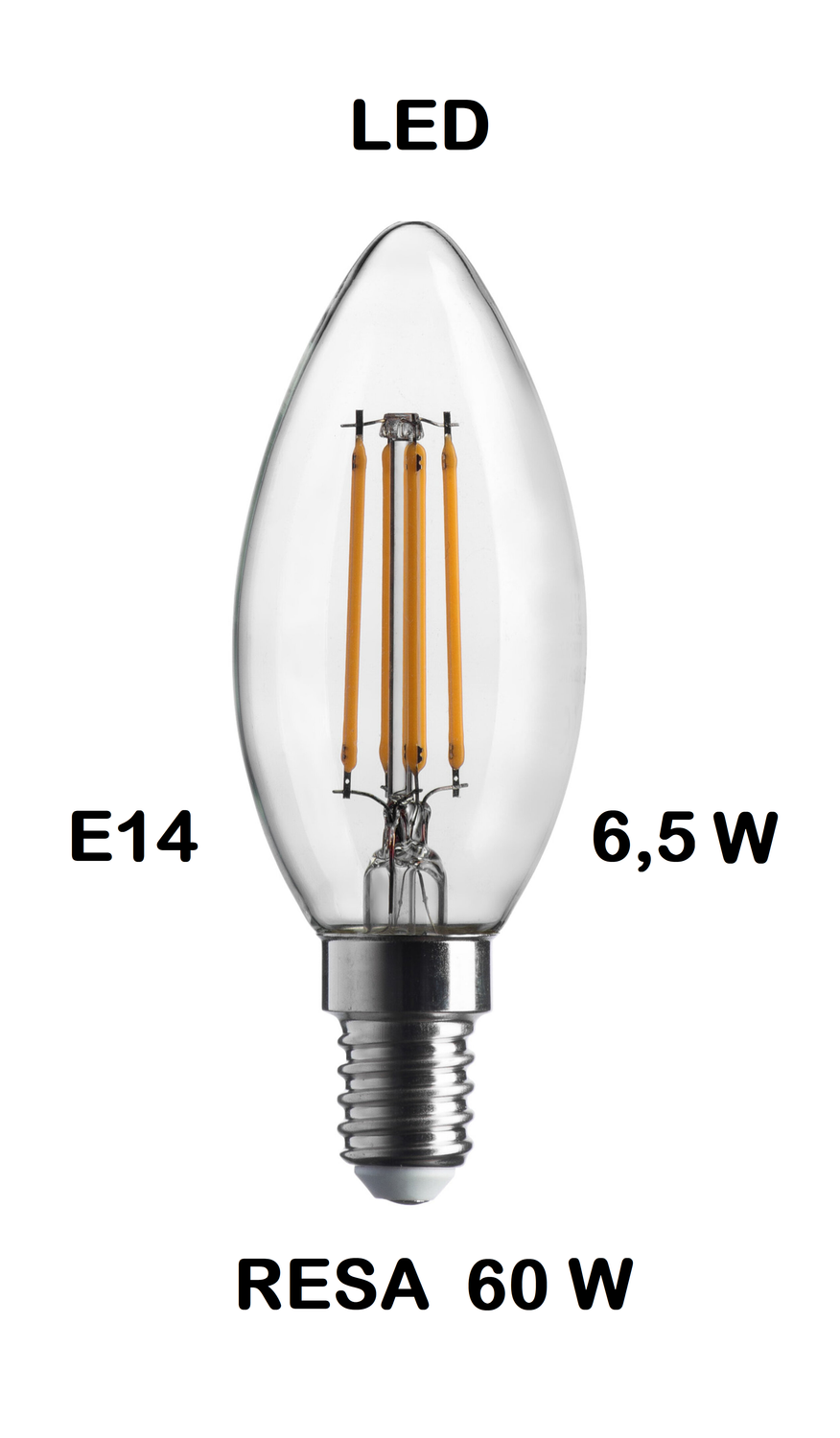LAMPADINA LED OLIVA / FIAMMA / CANDELA LED STICK E14 6,5W (RESA 60W) LUCE CALDA 2700K WIRELED A FILAMENTO TRASPARENTE