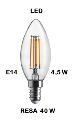 LAMPADINA LED OLIVA / FIAMMA / CANDELA LED STICK E14   4,5W (RESA 40W) LUCE CALDA 2700K WIRELED A FILAMENTO TRASPARENTE