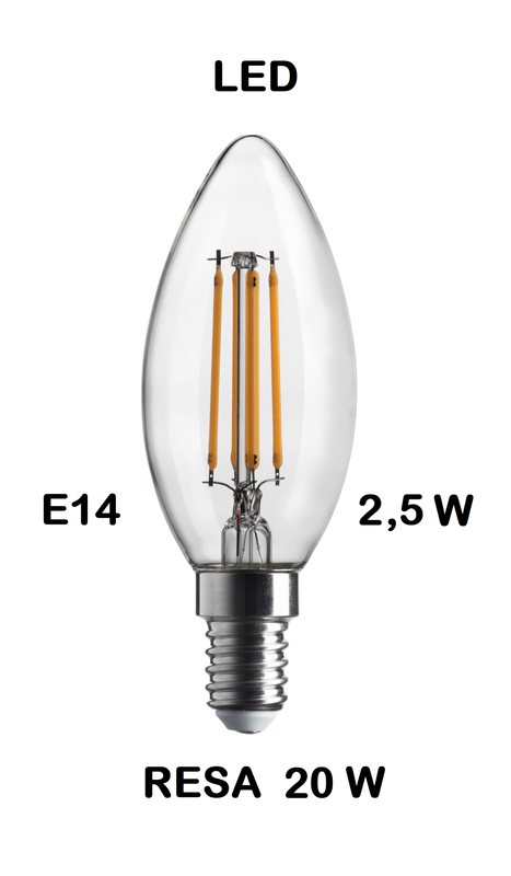 LAMPADINA LED OLIVA / FIAMMA / CANDELA LED STICK E14 2,5W (RESA 25W) LUCE CALDA 2700K WIRELED A FILAMENTO TRASPARENTE