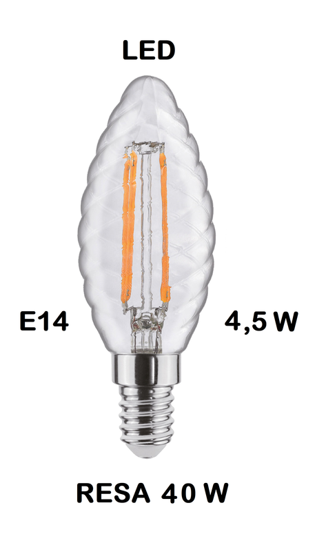 LAMPADINA LED TORTIGLIONE LED STICK E14   4,5W (RESA 40W) LUCE CALDA 2700K WIRELED A FILAMENTO TRASPARENTE