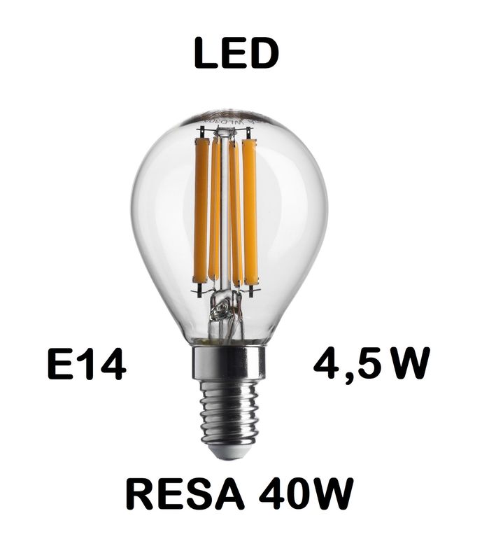 LAMPADINA LED SFERA / SFERETTA / PALLINA LED STICK E14 4,5W (RESA 40W) LUCE CALDA 2700K WIRELED A FILAMENTO TRASPARENTE