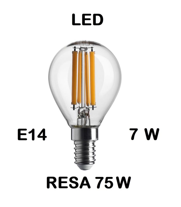 LAMPADINA LED SFERA / SFERETTA / PALLINA LED STICK E14 7W (RESA 75W) LUCE CALDA 2700K WIRELED A FILAMENTO TRASPARENTE