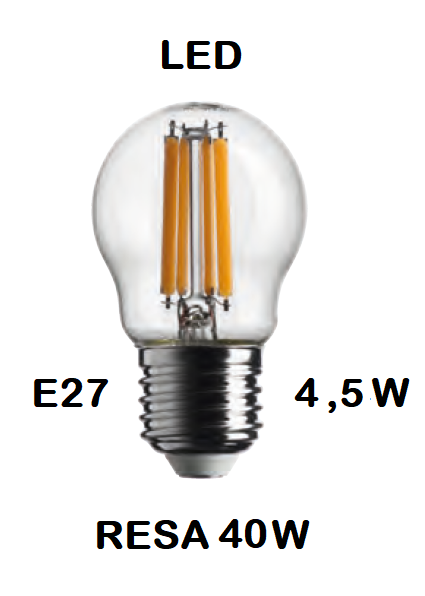 LAMPADINA LED PICCOLA - MINI SFERA / SFERETTA / PALLINA LED STICK E27 4,5W (RESA 40W) LUCE CALDA 2700K WIRELED A FILAMENTO TRASPARENTE