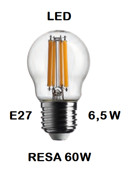 LAMPADINA LED PICCOLA - MINI SFERA / SFERETTA / PALLINA LED STICK E27 6,5W (RESA 60W) LUCE CALDA 2700K WIRELED A FILAMENTO TRASPARENTE