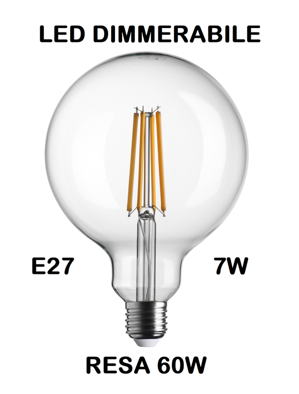 LAMPADINA LED GLOBO E27 DIMMERABILE 7W (RESA 60W) LUCE CALDA 2700K WIRELED - DIAMETRO 125mm G125 TRASPARENTE