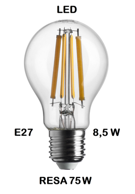 LAMPADINA LED GOCCIA / PERA LED STICK E27 8,5W (RESA 75W) LUCE CALDA 2700K WIRELED A FILAMENTO TRASPARENTE