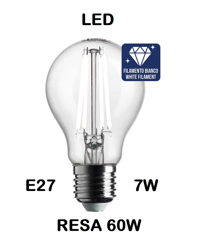 LAMPADINA LED GOCCIA / PERA LED STICK E27 7W (RESA 60W) LUCE CALDA 3000K WIRELED A FILAMENTO BIANCO TRASPARENTE