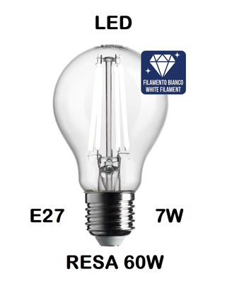 LAMPADINA LED GOCCIA / PERA LED STICK E27 7W (RESA 60W) LUCE CALDA 3000K WIRELED A FILAMENTO BIANCO TRASPARENTE