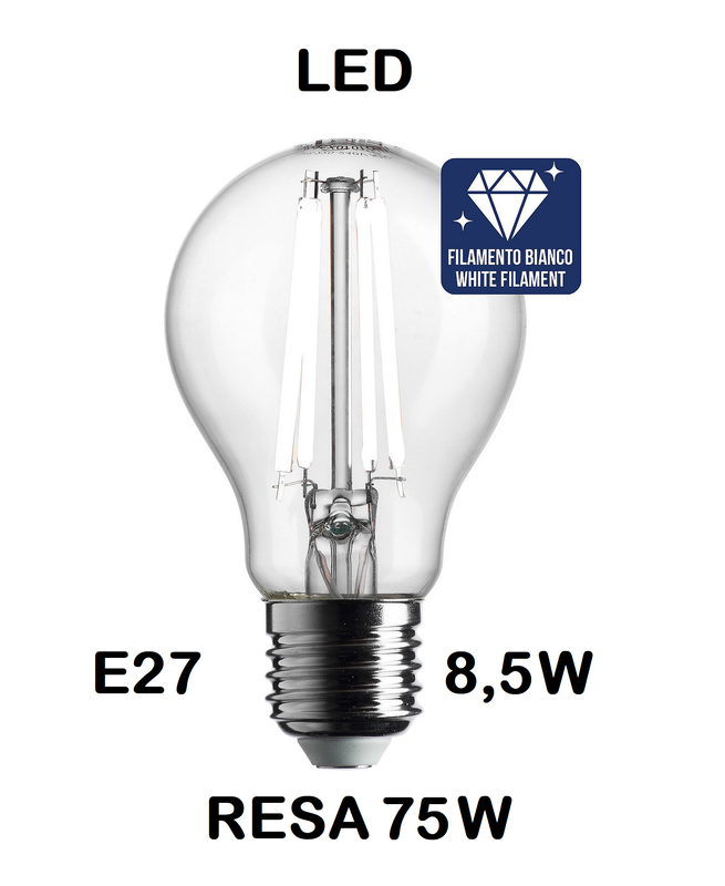 LAMPADINA LED GOCCIA / PERA LED STICK E27 8,5W (RESA 75W) LUCE CALDA 3000K WIRELED A FILAMENTO BIANCO TRASPARENTE