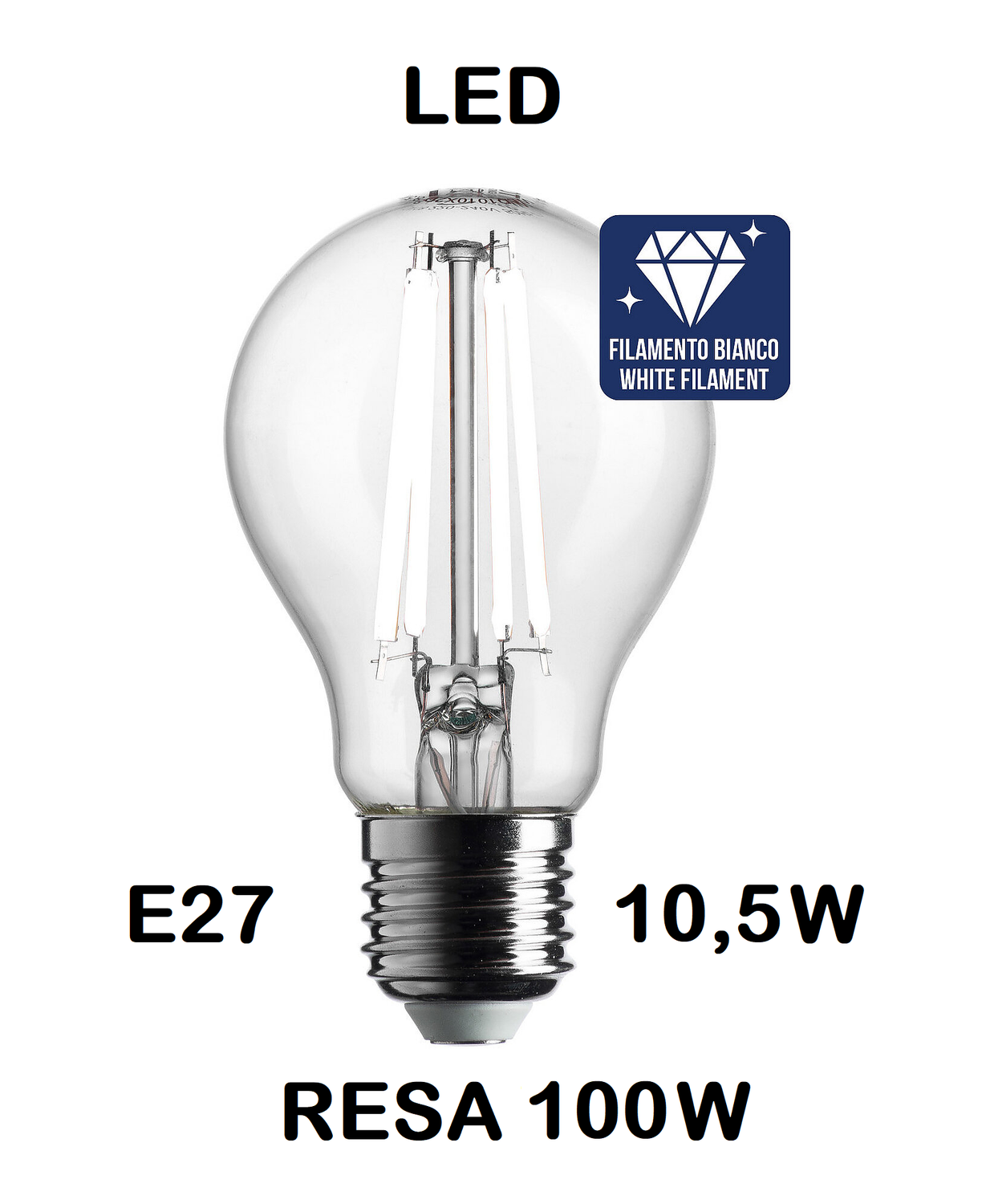 LAMPADINA LED GOCCIA / PERA LED STICK E27 10,5W (RESA 100W) LUCE CALDA 3000K WIRELED A FILAMENTO BIANCO TRASPARENTE