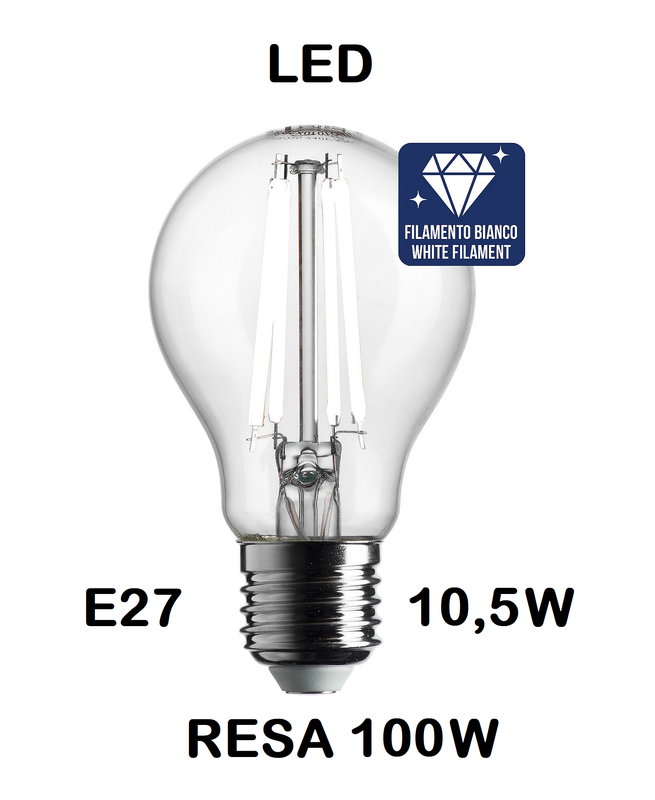 LAMPADINA LED GOCCIA / PERA LED STICK E27 10,5W (RESA 100W) LUCE CALDA 3000K WIRELED A FILAMENTO BIANCO TRASPARENTE