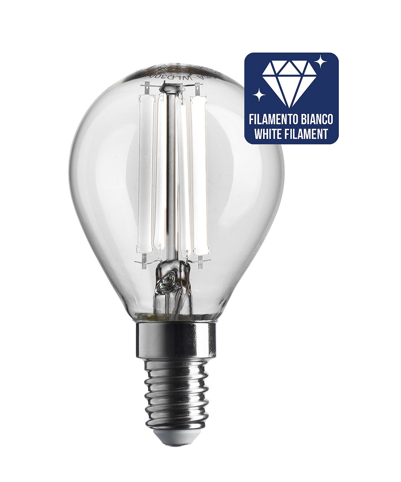 LAMPADINA LED PICCOLA - MINI SFERA / SFERETTA / PALLINA LED STICK E14 4,5 W (RESA 40W) LUCE CALDA 3000K WIRELED A FILAMENTO BIANCO TRASPARENTE