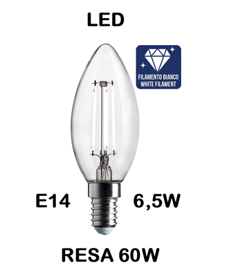 LAMPADINA LED OLIVA / FIAMMA / CANDELA LED STICK E14 6,5W (RESA 60W) LUCE CALDA 3000K WIRELED A FILAMENTO BIANCO TRASPARENTE