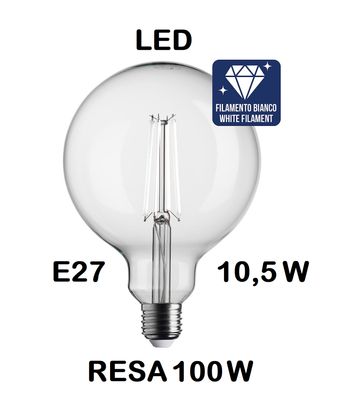 LAMPADINA LED GLOBO DIAMETRO 125mm LED STICK E27 10,5W (RESA 100W) LUCE CALDA 3000K WIRELED FILAMENTO BIANCO TRASPARENTE G125