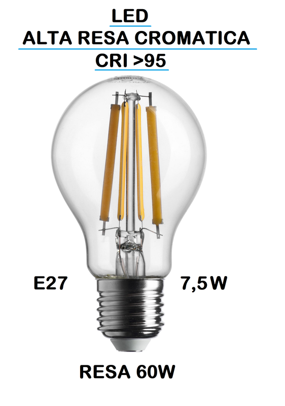 LAMPADINA LED GOCCIA / PERA LED STICK E27 7,5W (RESA 60W) LUCE CALDA 2700K WIRELED A FILAMENTO TRASPARENTE CON RESA CROMATICA MAGGIORE A >95 CRI LAMPADINA LED GOCCIA / PERA LED STICK E27 7,5W (RESA 60W) LUCE CALDA 2700K WIRELED A FILAMENTO TRASPARENTE CON RESA CROMATICA MAGGIORE A >95 CRI