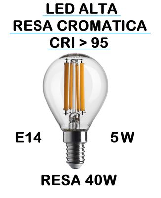 LAMPADINA LED SFERA / SFERETTA / PALLINA LED STICK E14 5W (RESA 40W) LUCE CALDA 2700K WIRELED A FILAMENTO TRASPARENTE CON RESA CROMATICA MAGGIORE A >95 CRI LAMPADINA LED SFERA / SFERETTA / PALLINA LED STICK E14 5W (RESA 40W) LUCE CALDA 2700K WIRELED A FILAMENTO TRASPARENTE CON RESA CROMATICA MAGGIORE A >95 CRI