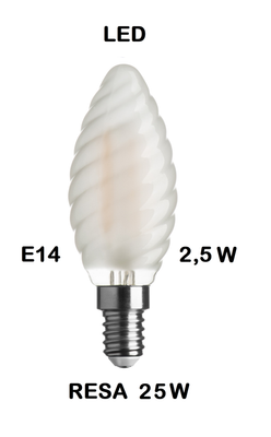 LAMPADINA LED TORTIGLIONE LED STICK E14 2,5W (RESA 25W) IN VETRO SATINATO LUCE CALDA 2700K WIRELED A FILAMENTO