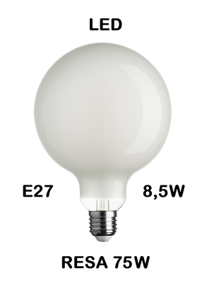 LAMPADINA LED GLOBO DIAMETRO 125mm LED STICK E27 8,5W (RESA 75W) IN VETRO SATINATO / SMERIGLIATO / SMERIGLIATA LUCE CALDA 2700K WIRELED A FILAMENTO G125 LAMPADINA LED GLOBO DIAMETRO 125mm LED STICK E27 8,5W (RESA 75W) IN VETRO SATINATO / SMERIGLIATO / SMERIGLIATA LUCE CALDA 2700K WIRELED A FILAMENTO G125