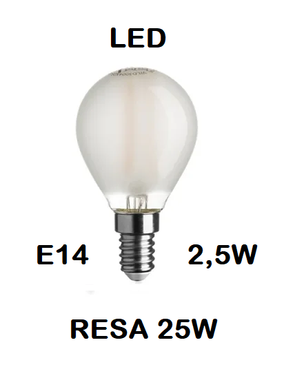 LAMPADINA LED PICCOLA - MINI SFERA / SFERETTA / PALLINA LED STICK E14 2,5W (RESA 25W) IN VETRO SATINATO / SMERIGLIATO / SMERIGLIATA LUCE CALDA 2700K WIRELED A FILAMENTO