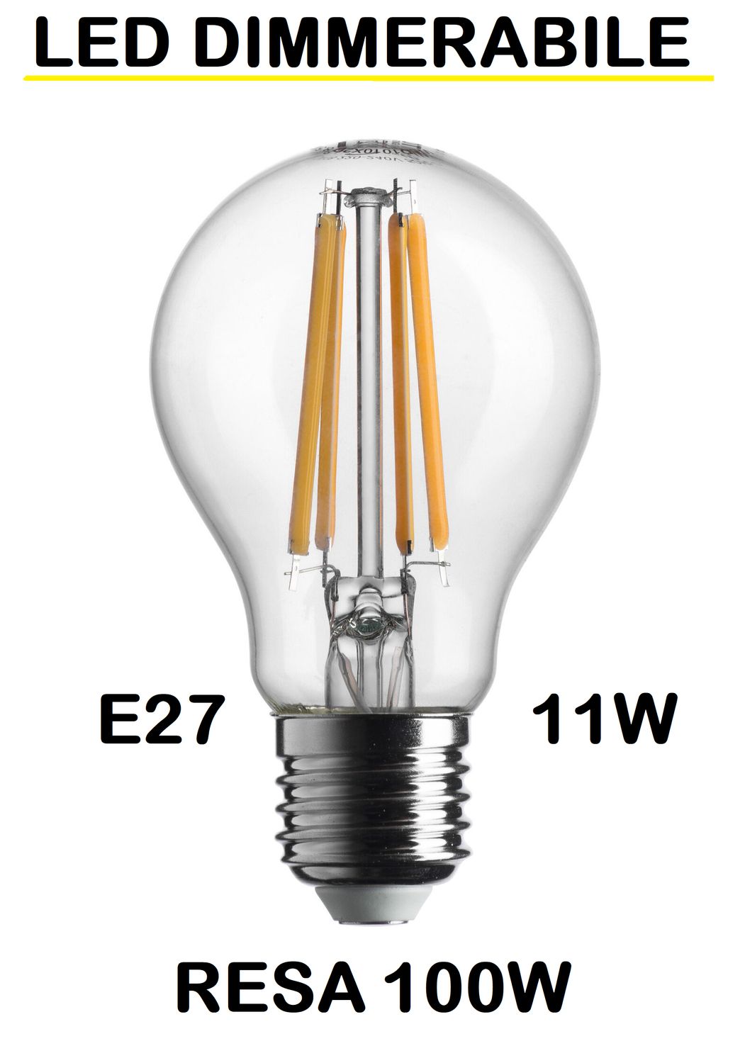 LAMPADINA LED GOCCIA / PERA LED STICK E27 11W (RESA 100W) LUCE CALDA 2700K WIRELED A FILAMENTO TRASPARENTE DIMMERABILE