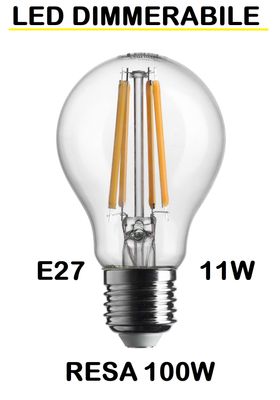 LAMPADINA LED GOCCIA / PERA LED STICK E27 11W (RESA 100W) LUCE CALDA 2700K WIRELED A FILAMENTO TRASPARENTE DIMMERABILE