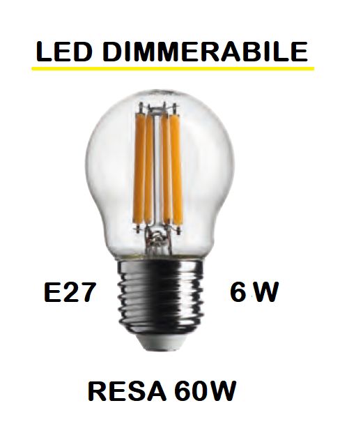 LAMPADINA LED PICCOLA - MINI SFERA / SFERETTA / PALLINA TRASPARENTE LED STICK E27 6W (RESA 60W) LUCE CALDA 2700K WIRELED A FILAMENTO DIMMERABILE