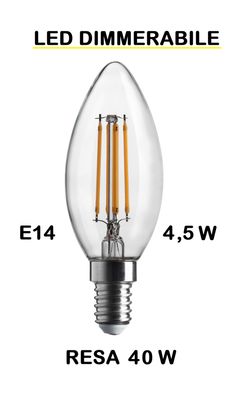 LAMPADINA LED OLIVA / FIAMMA / CANDELA LED STICK TRASPARENTE E14   4,5W (RESA 40W) LUCE CALDA 2700K WIRELED A FILAMENTO DIMMERABILE