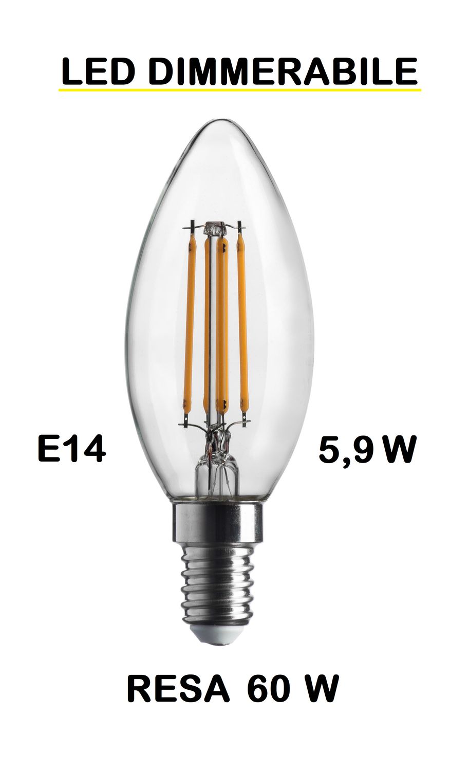 LAMPADINA LED OLIVA / FIAMMA / CANDELA LED STICK TRASPARENTE E14   5,9W (RESA 60W) LUCE CALDA 2700K WIRELED A FILAMENTO DIMMERABILE