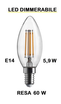 LAMPADINA LED OLIVA / FIAMMA / CANDELA LED STICK TRASPARENTE E14   5,9W (RESA 60W) LUCE CALDA 2700K WIRELED A FILAMENTO DIMMERABILE