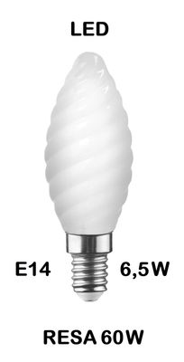 LAMPADINA LED TORTIGLIONE E14 6,5W (RESA 60W) VETRO BIANCO LATTE / OPALINA / OPALE / SILICA / MILK / FULL LIGHT LUCE CALDA 2700K
