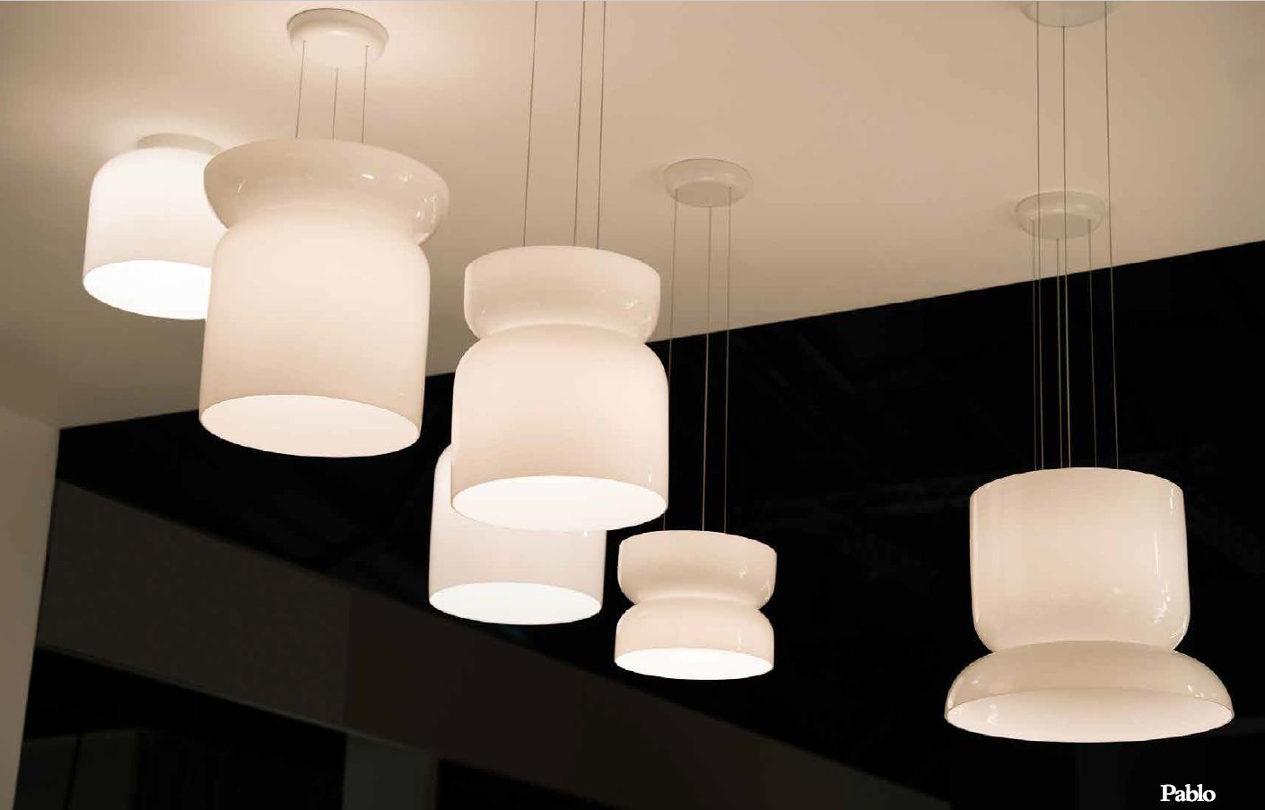 TOTEM FLUSH PABLO LAMPADA DESIGN DA SOSPENSIONE CON PARALUME IN VETRO OPALINO SOFFIATO A BOCCA - 4 DIMENSIONI E STILI SLEZIONABILI