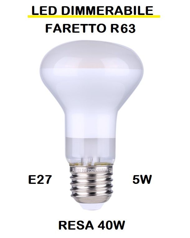 LAMPADINA A FARETTO R63 LED STICK E27 5W (RESA 40W) IN VETRO SATINATO / SMERIGLIATO / SMERIGLIATA LUCE CALDA 2700K WIRELED A FILAMENTO DIMMERABILE