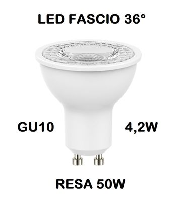 LAMPADINA FARETTO LED GU10 4,2W (RESA 50W) FASCIO LUMINISO 36° LUCE CALDA 2700K