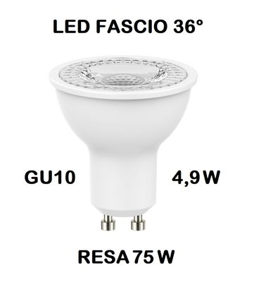 LAMPADINA FARETTO LED GU10 4,9W (RESA 75W) FASCIO LUMINISO 36° LUCE CALDA 2700K