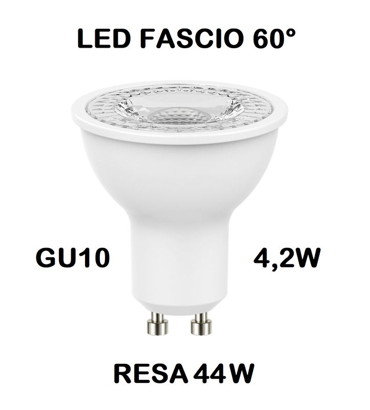 LAMPADINA FARETTO LED GU10 4,2W (RESA 44W) FASCIO LUMINISO 60° LUCE CALDA 2700K