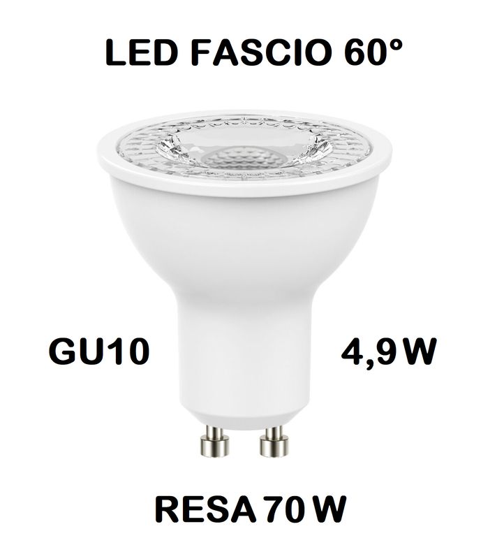 LAMPADINA FARETTO LED GU10 4,9W (RESA 70W) FASCIO LUMINISO 60° LUCE CALDA 2700K