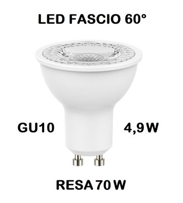 LAMPADINA FARETTO LED GU10 4,9W (RESA 70W) FASCIO LUMINISO 60° LUCE CALDA 2700K