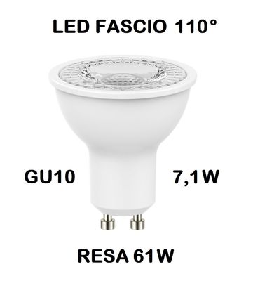 LAMPADINA FARETTO LED GU10 7,1W (RESA 61W) FASCIO LUMINISO 110° LUCE CALDA 2700K