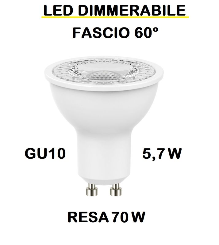 LAMPADINA FARETTO LED GU10 5,7W (RESA 70W) LUCE CALDA 3000K FASCIO LUMINOSO 60° DIMMERABILE