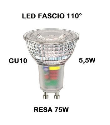 LAMPADINA FARETTO GU10 LED 5,5W (RESA 75W) LUCE BIANCO CALDA 3000K APERTURA 110° TUTTO VETRO ALL GLASS