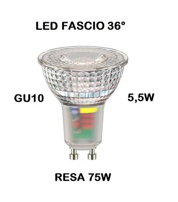 LAMPADINA FARETTO GU10 LED 5,5W (RESA 75W) LUCE BIANCO CALDA 3000K APERTURA 36° TUTTO VETRO ALL GLASS